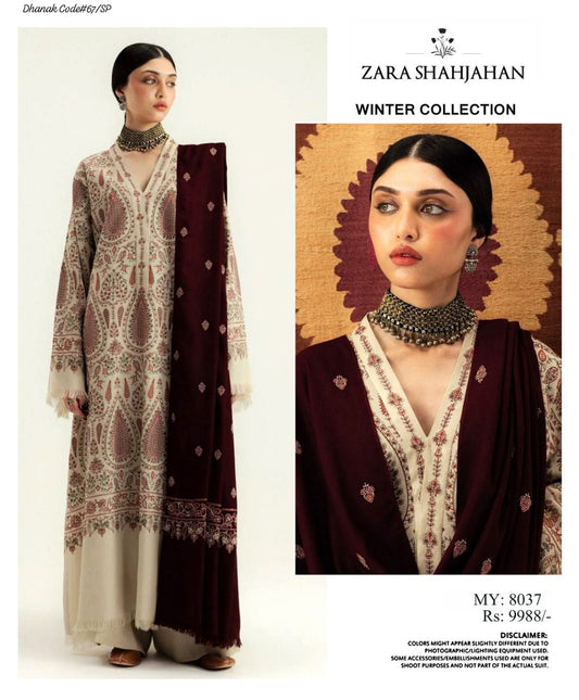 Zara Shahjahan Women's Unstitched Embroidered Dhanak Winter Suit