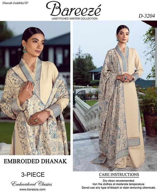 Bareeze Women's Unstitched Embroidered Dhanak Winter Suit